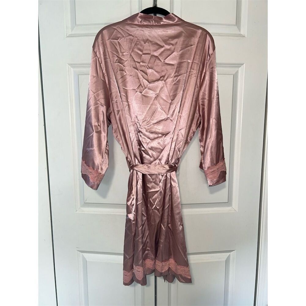 Ekouaer Women's 2XL Pink Satin Kimono Robe with Lace Trim - Picture 6 of 7